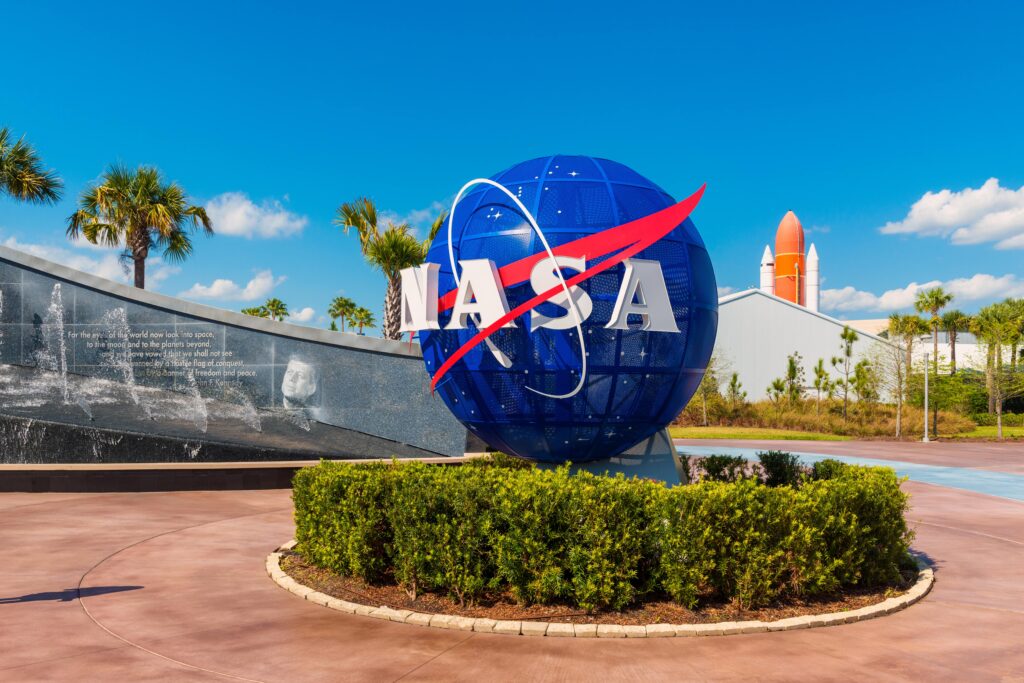 Logo of Nasa on Globe in the Kennedy Space Center Visitor Complex.